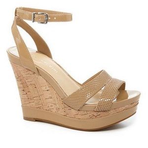Gianni Bini patent nude cork wedge
